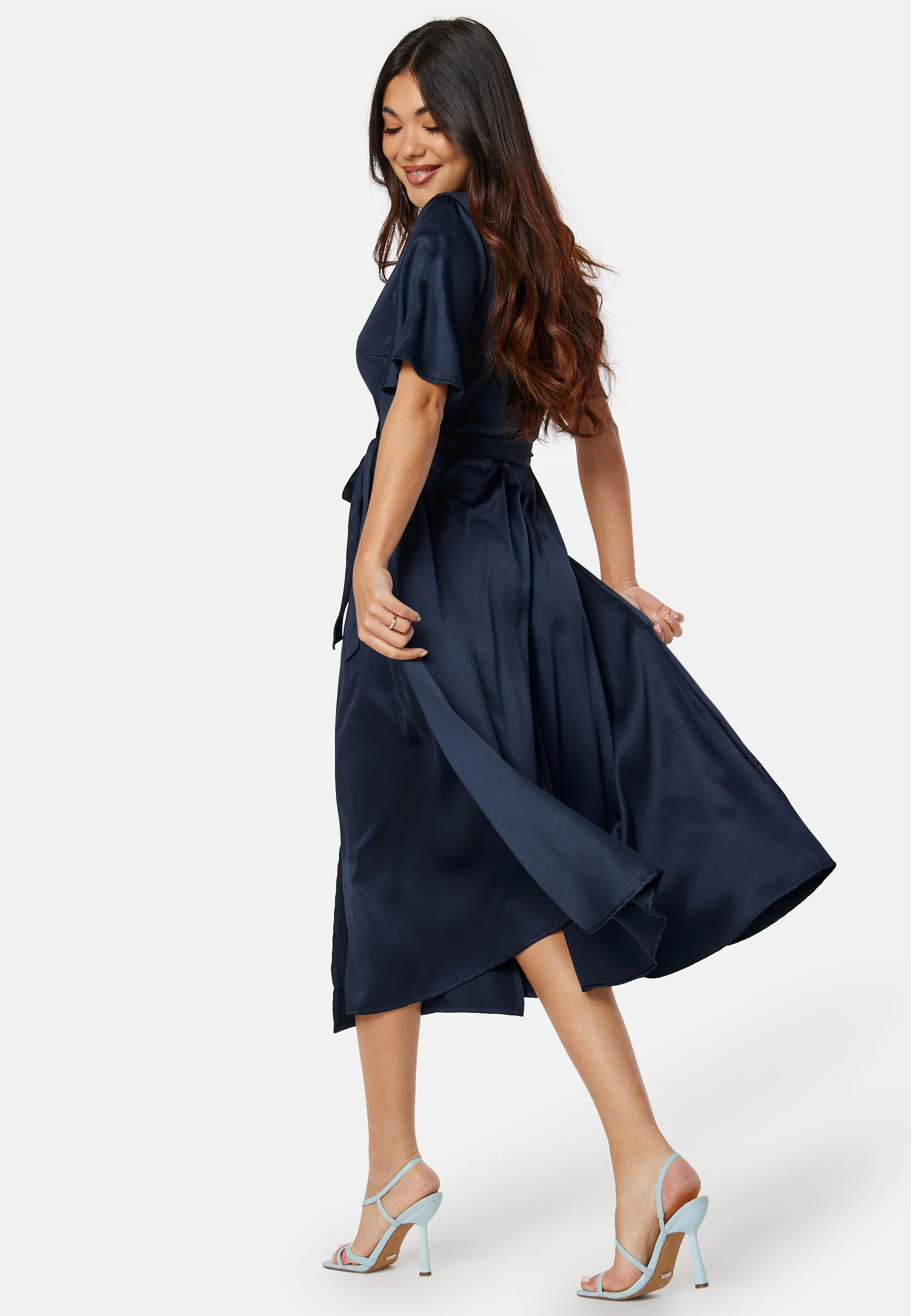Butterfly Sleeve Wrap Satin Midi Dress - Image 3