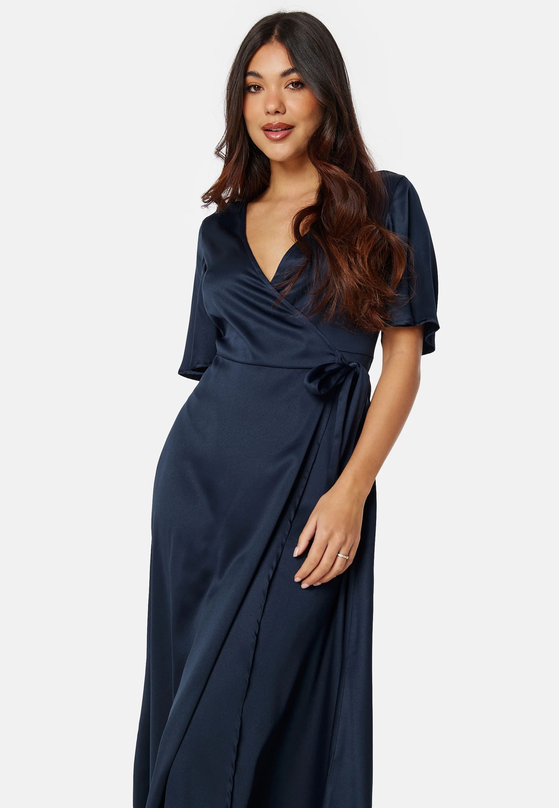 Butterfly Sleeve Wrap Satin Midi Dress - Image 4
